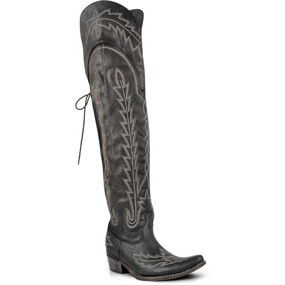 Women's Black Over the Knee Cowboy Boots Adjustable Thigh High Cowgirl Boots - Picture 5 of 6